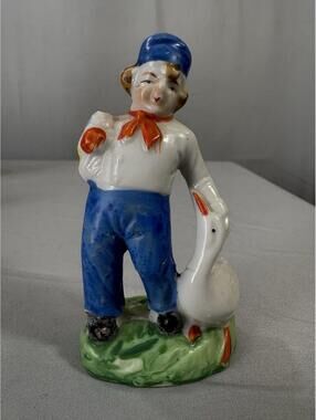 Vintage 40s Made In Japan Dutch Boy Goose Ceramic Figurine Farm Holland 4 in
